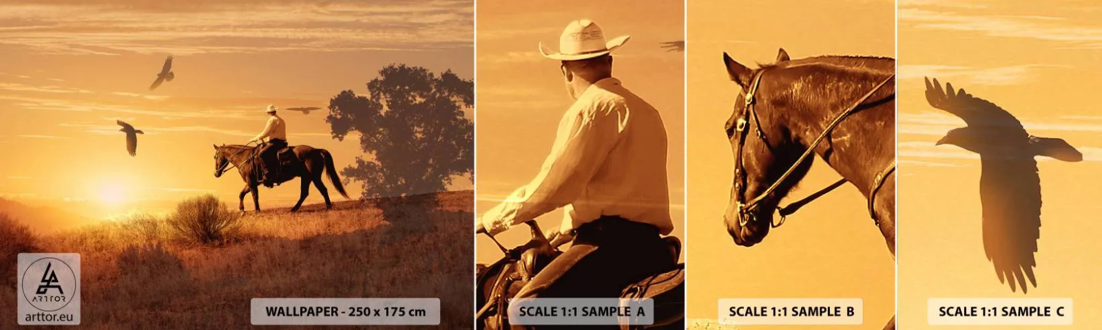 Échantillon De Papier Peint Standard Eco - Seul à travers la prairie - Cheval, Cow-boy, Paysage - 100x30 cm