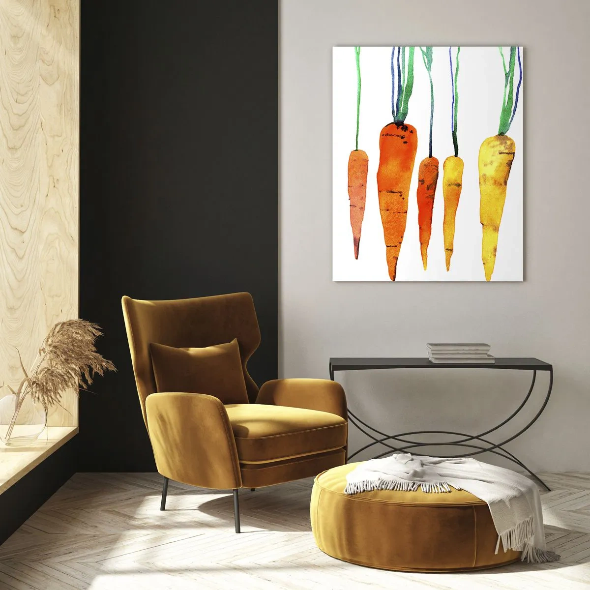Impression sur verre - Image sur verre - Carottes à l'aquarelle dans différentes nuances d'orange avec des tiges vertes - 50x70cm - La beauté de l'ordinaire - Décoration murale moderne pour le salon et la chambre ARTTOR