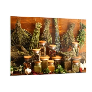 Impression sur verre - Image sur verre - Herbes et épices en pots sur fond de bois - 120x80cm - Sortilèges de cuisine - Décoration murale moderne pour le salon et la chambre ARTTOR