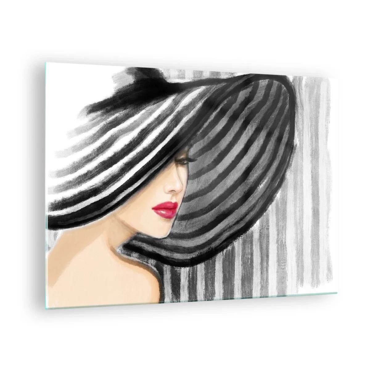 Impression sur verre - Image sur verre - Femme élégante portant un chapeau rayé noir et blanc - 70x50cm - Où te chercher ? - Décoration murale moderne pour le salon et la chambre ARTTOR