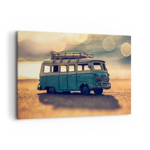 Impression sur toile - Image sur toile - Bus rétro contre une lumière floue - 120x80cm - La fin des idoles : argent et travail - Décoration murale moderne pour le salon et la chambre ARTTOR