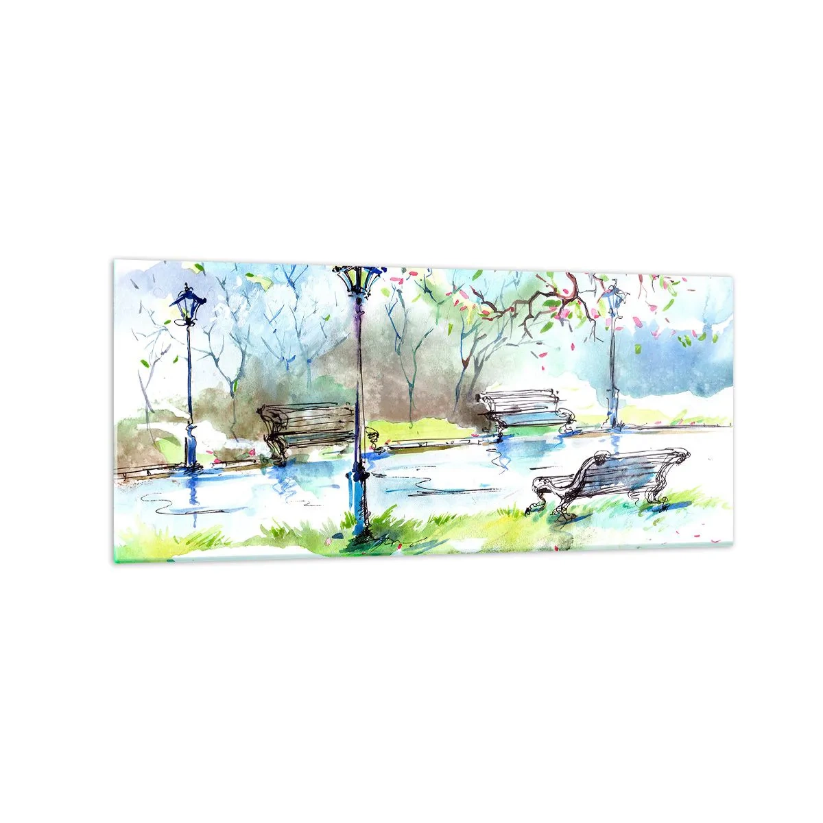 Impression sur verre - Image sur verre - Scène de parc à l'aquarelle avec bancs et lampes - 120x50cm - Le charme du silence d'un parc - Décoration murale moderne pour le salon et la chambre ARTTOR