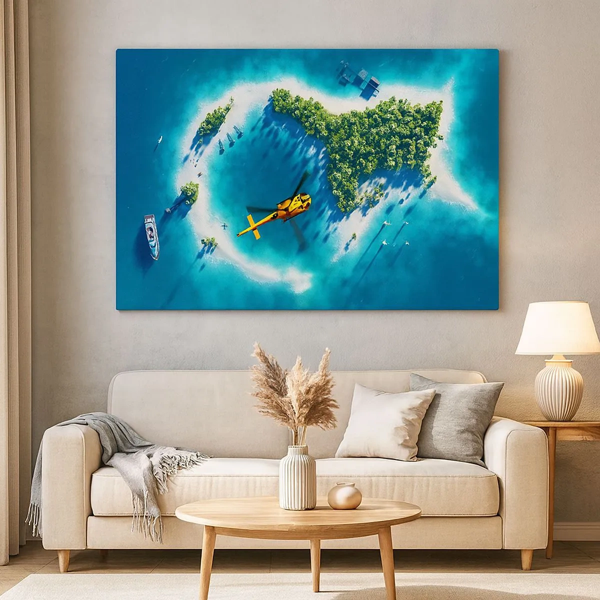 Impression sur toile - Image sur toile - Une île tropicale entourée d'eau turquoise avec un hélicoptère en vue - 70x50cm - Achetez-vous une île - Décoration murale moderne pour le salon et la chambre ARTTOR