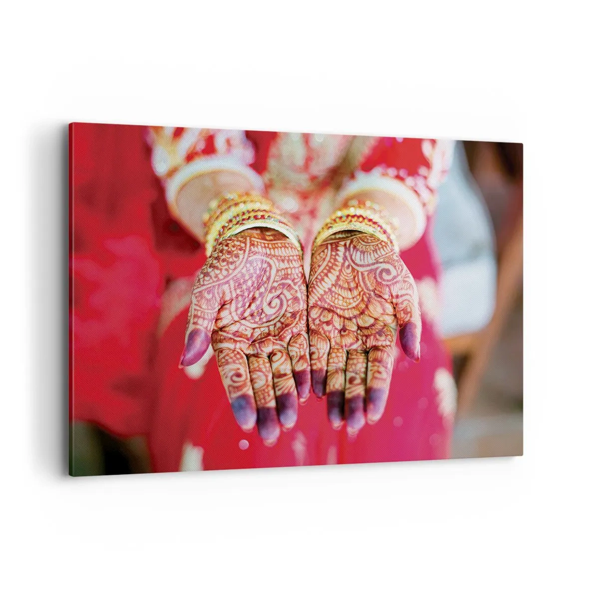 Impression sur toile - Image sur toile - Mains décorées au henné sur fond de robe rouge - 100x70cm - Prêt à saisir votre chance - Décoration murale moderne pour le salon et la chambre ARTTOR