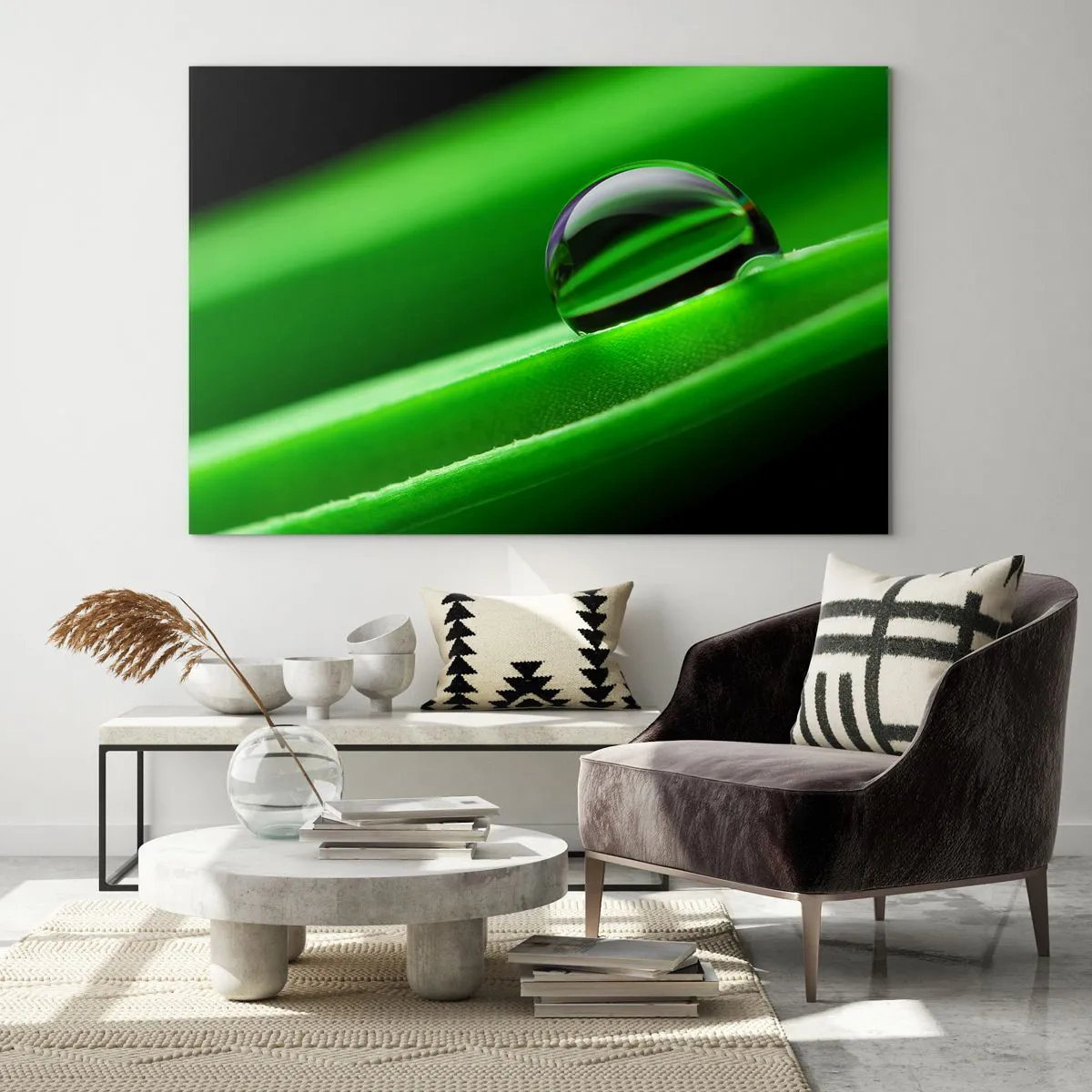 Impression sur verre - Image sur verre - Une goutte de rosée sur une feuille verte - 70x50cm - La vie de près - Décoration murale moderne pour le salon et la chambre ARTTOR