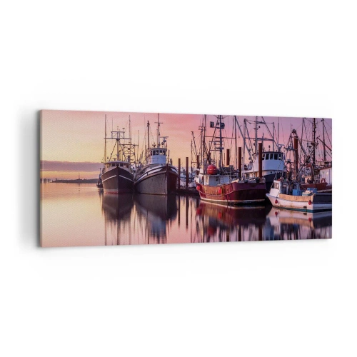 Impression sur toile - Image sur toile - Bateaux de pêche dans le port au coucher du soleil - 120x50cm - Avant le jour suivant - Décoration murale moderne pour le salon et la chambre ARTTOR
