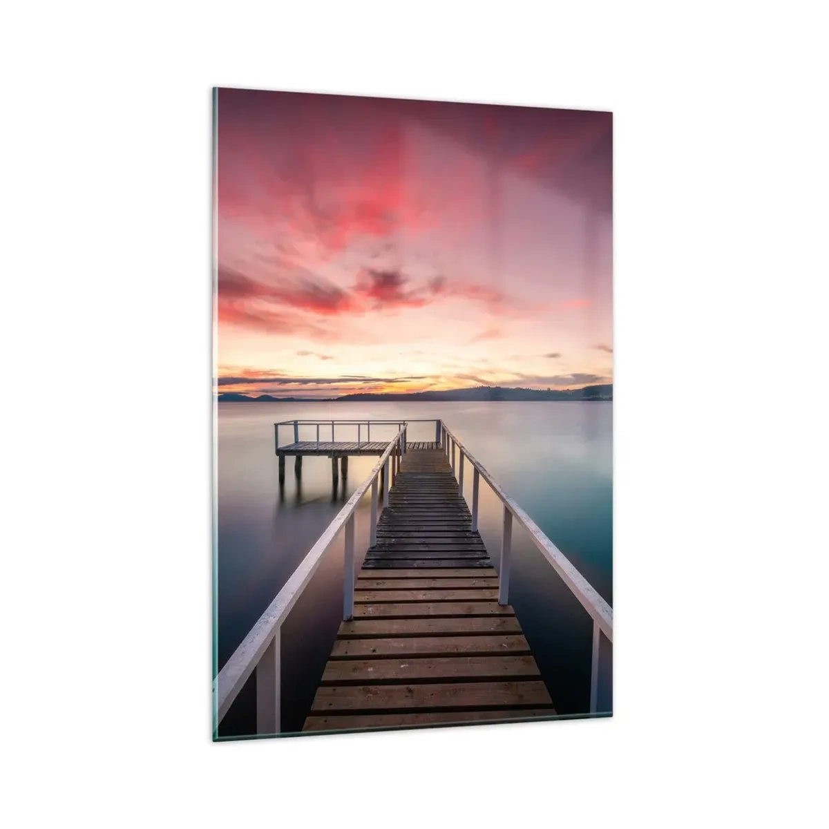 Impression sur verre - Image sur verre - Une jetée menant à un lac tranquille au coucher du soleil - 80x120cm - La douce flamme du soir - Décoration murale moderne pour le salon et la chambre ARTTOR