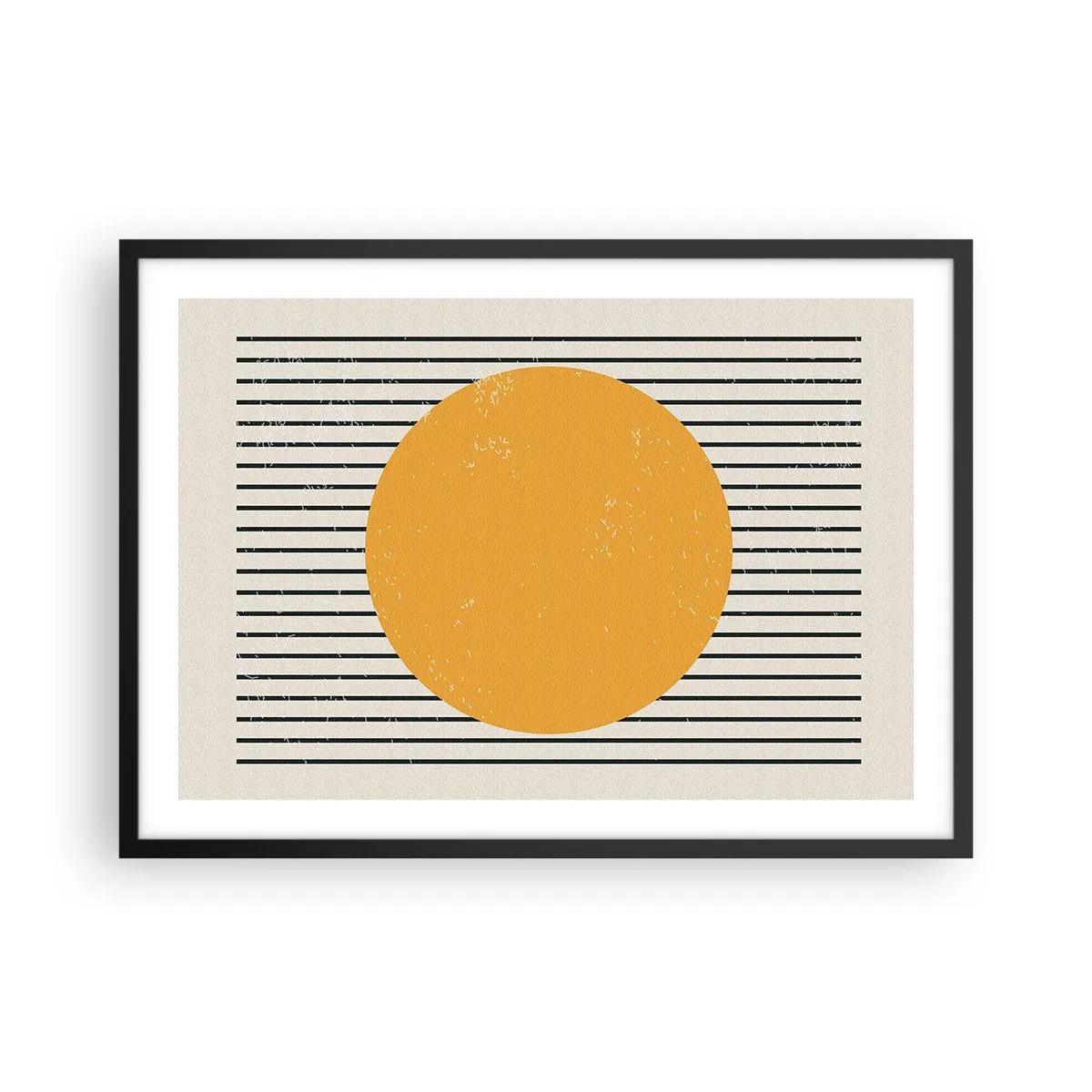 Affiche dans un cadre noir - Poster - Un cercle jaune sur un fond de lignes horizontales noires et blanches - 70x50cm - Le pouvoir de la simplicité - Décoration murale moderne pour le salon et la chambre ARTTOR