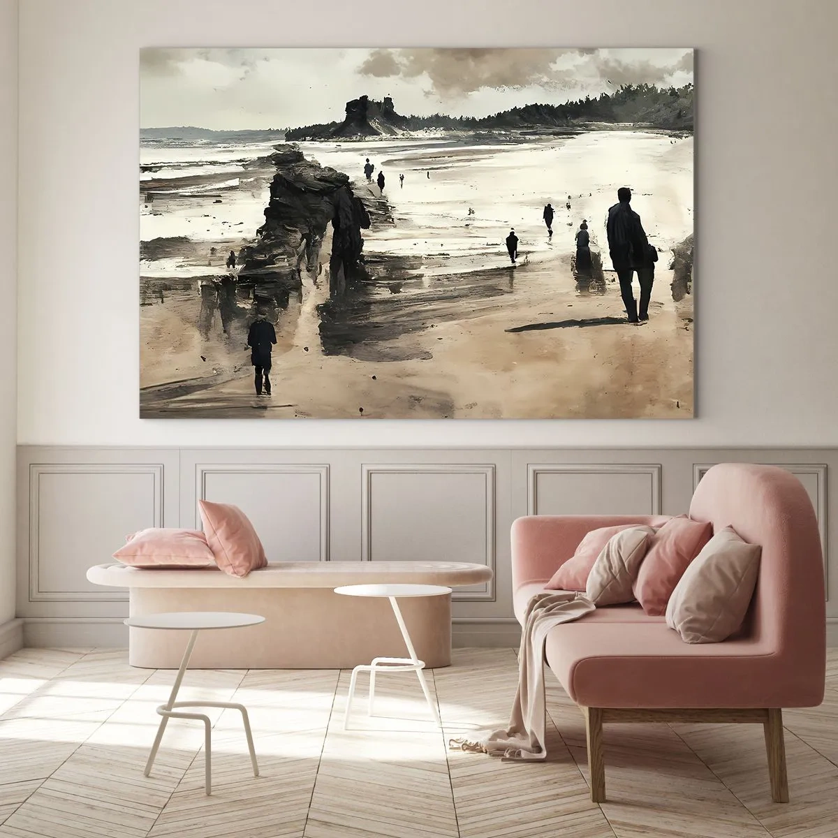 Impression sur verre - Image sur verre - Silhouettes marchant sur une large plage sous un ciel nuageux - 120x80cm - Invoqué - Décoration murale moderne pour le salon et la chambre ARTTOR