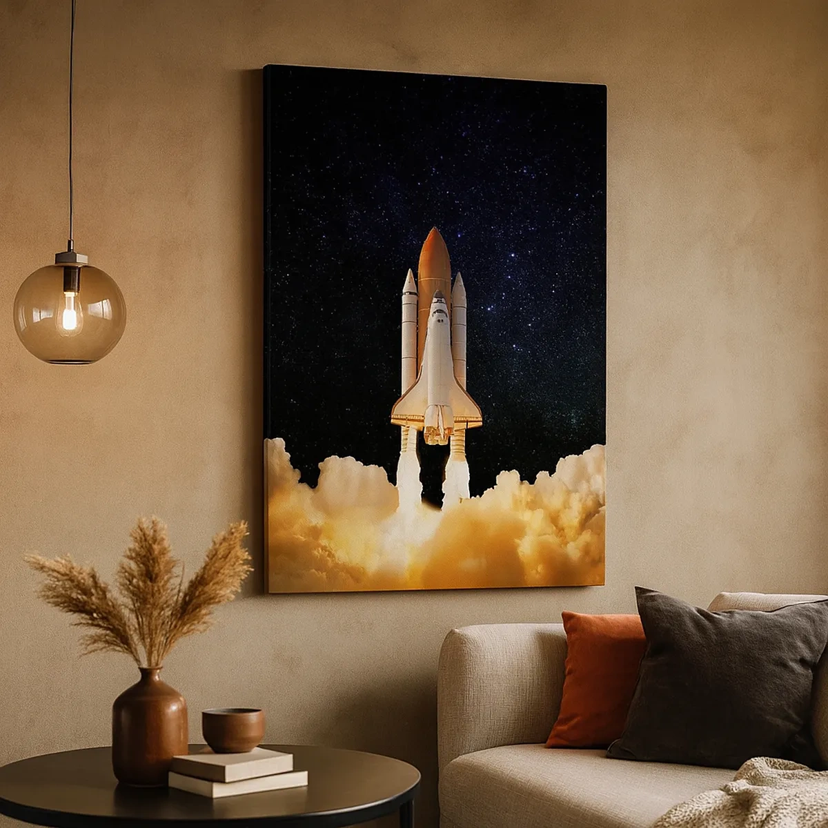 Impression sur toile - Image sur toile - Une fusée spatiale décollant dans le ciel étoilé - 50x70cm - Ad astra! - Décoration murale moderne pour le salon et la chambre ARTTOR