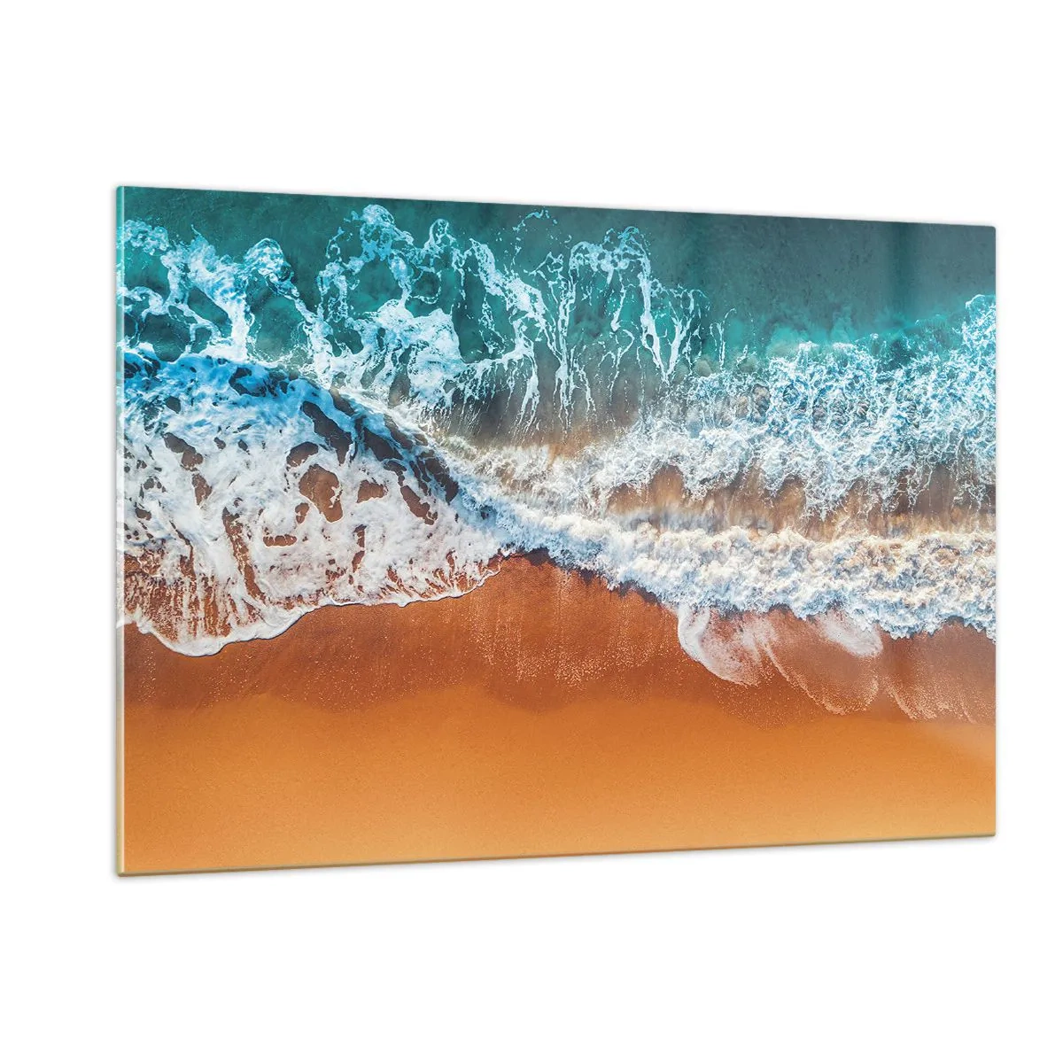 Impression sur verre - Image sur verre - Vue aérienne des vagues de l'océan s'écrasant sur le rivage - 120x80cm - Toujours ensemble - Décoration murale moderne pour le salon et la chambre ARTTOR