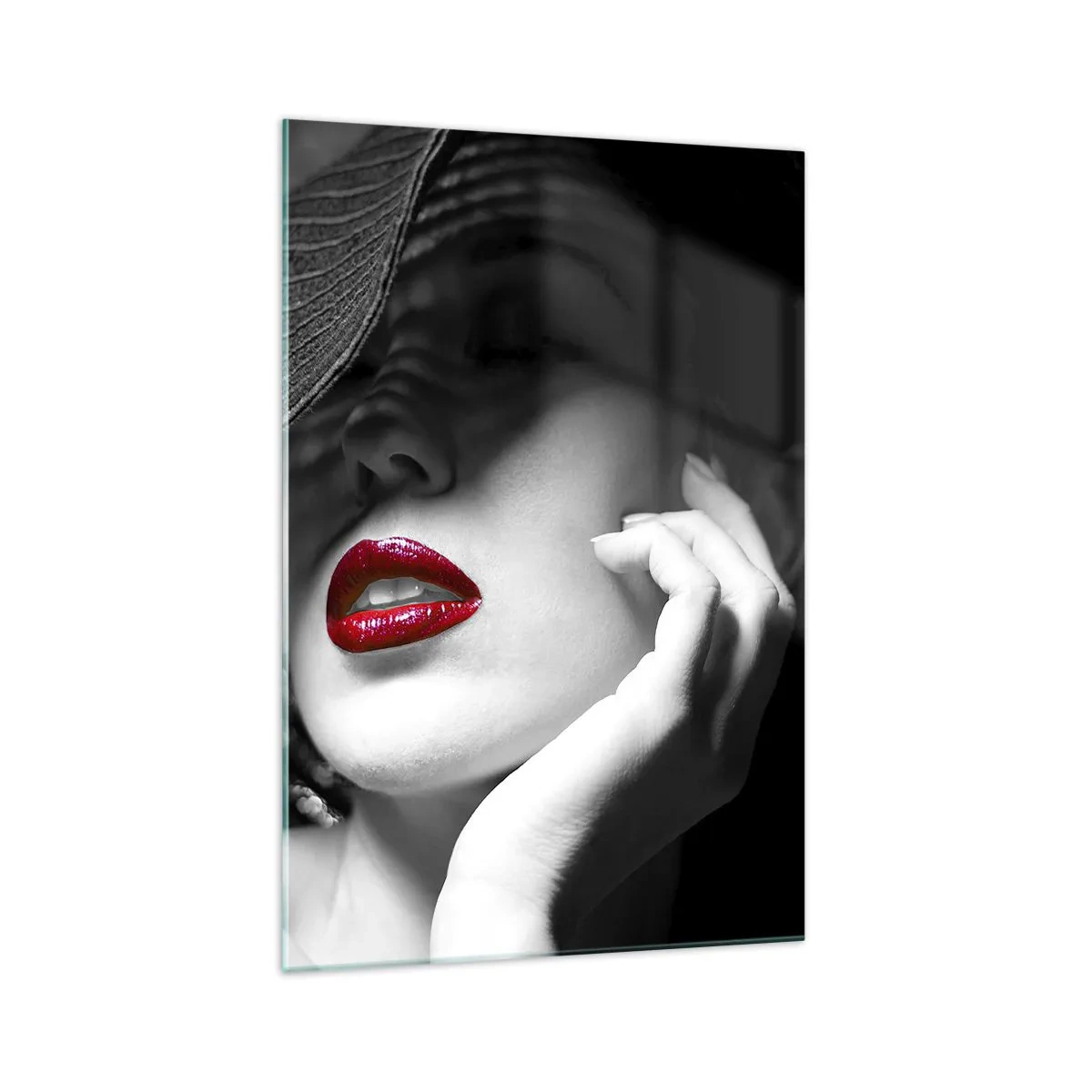 Impression sur verre - Image sur verre - Portrait noir et blanc d'une femme aux lèvres rouges - 70x100cm - Étude écarlate - Décoration murale moderne pour le salon et la chambre ARTTOR