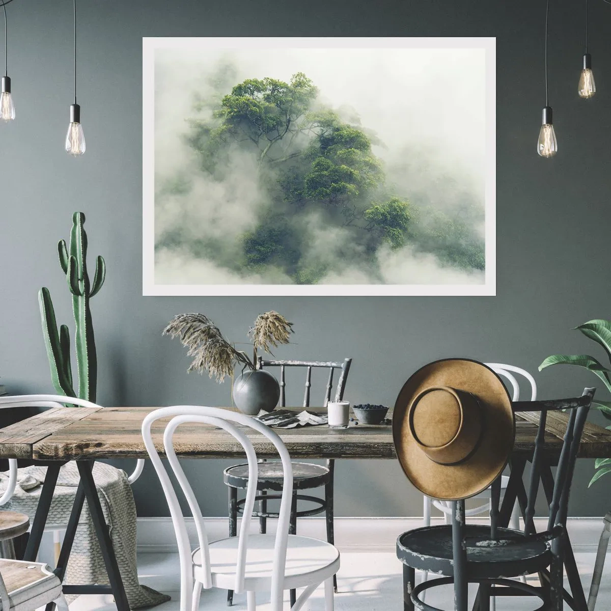 Affiche - Poster - Arbres verts dans un épais brouillard sur fond naturel - 100x70cm - Enveloppé de brouillard - Décoration murale moderne pour le salon et la chambre ARTTOR