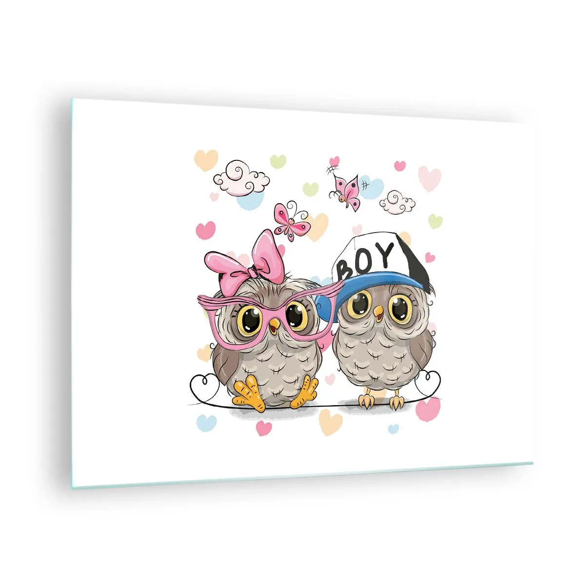 Impression sur verre - Image sur verre - Une paire de hiboux joyeux dans une composition pastel - 70x50cm - On s'aime! - Décoration murale moderne pour le salon et la chambre ARTTOR