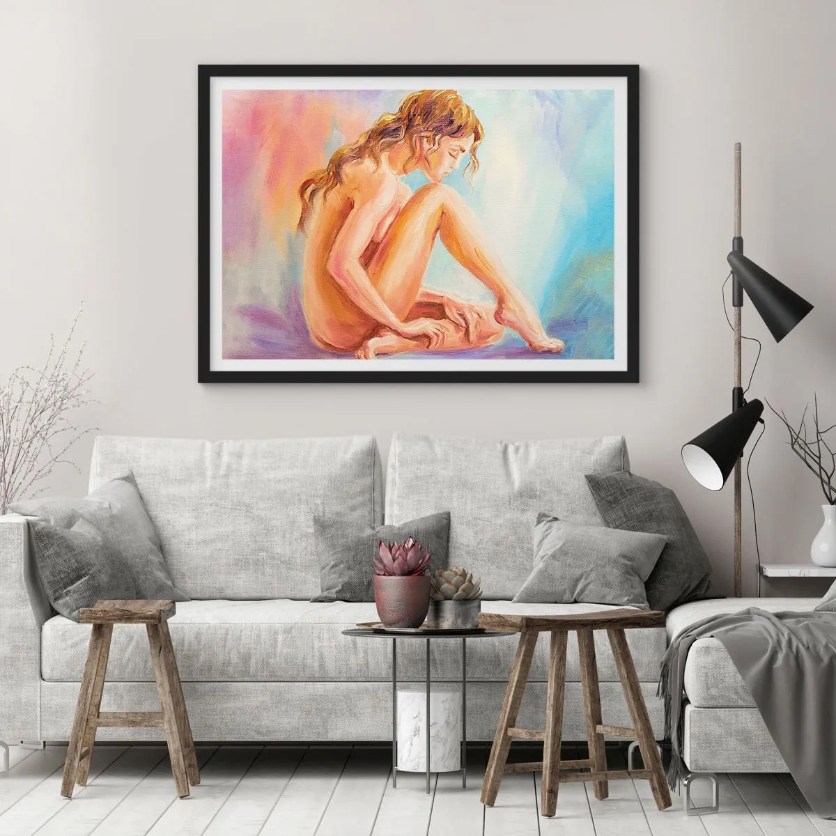 Affiche dans un cadre noir - Poster - Une délicate figure de femme sur un fond pastel - 70x50cm - Acte de jeunesse - Décoration murale moderne pour le salon et la chambre ARTTOR