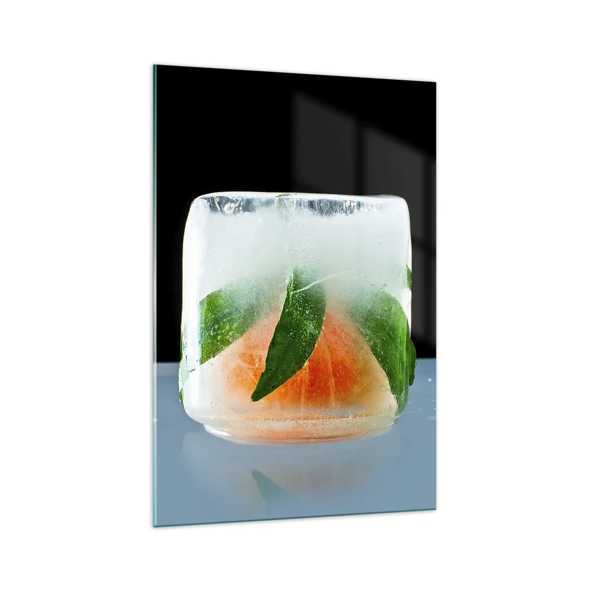 Impression sur verre - Image sur verre - Glaçon à l'orange et aux feuilles - 70x100cm - Fraîcheur et rafraîchissement - Décoration murale moderne pour le salon et la chambre ARTTOR