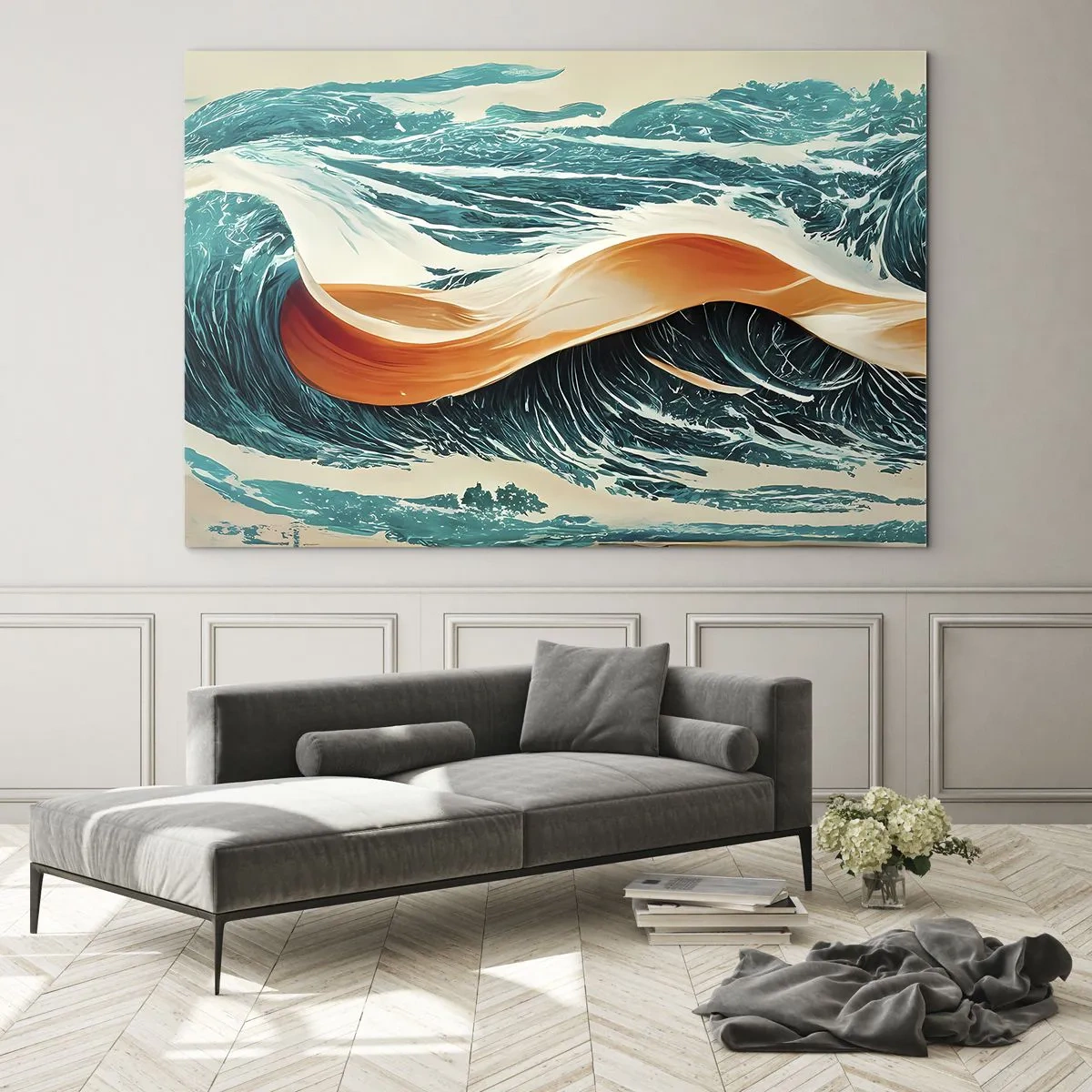 Impression sur verre - Image sur verre - Vagues turquoise avec un ruban orange dans un style surréaliste - 120x80cm - Le rêve d'un surfeur - Décoration murale moderne pour le salon et la chambre ARTTOR
