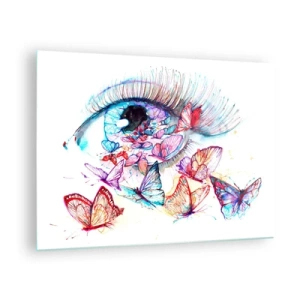 Impression sur verre - Image sur verre - L'œil d'une femme entouré de papillons colorés à l'aquarelle - 70x50cm - Charme des yeux de conte de fées - Décoration murale moderne pour le salon et la chambre ARTTOR