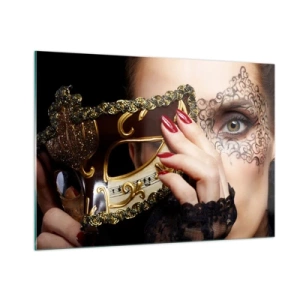 Impression sur verre - Image sur verre - Un masque vénitien doré sur le visage d'une femme - 100x70cm - Mon monde est baroque - Décoration murale moderne pour le salon et la chambre ARTTOR