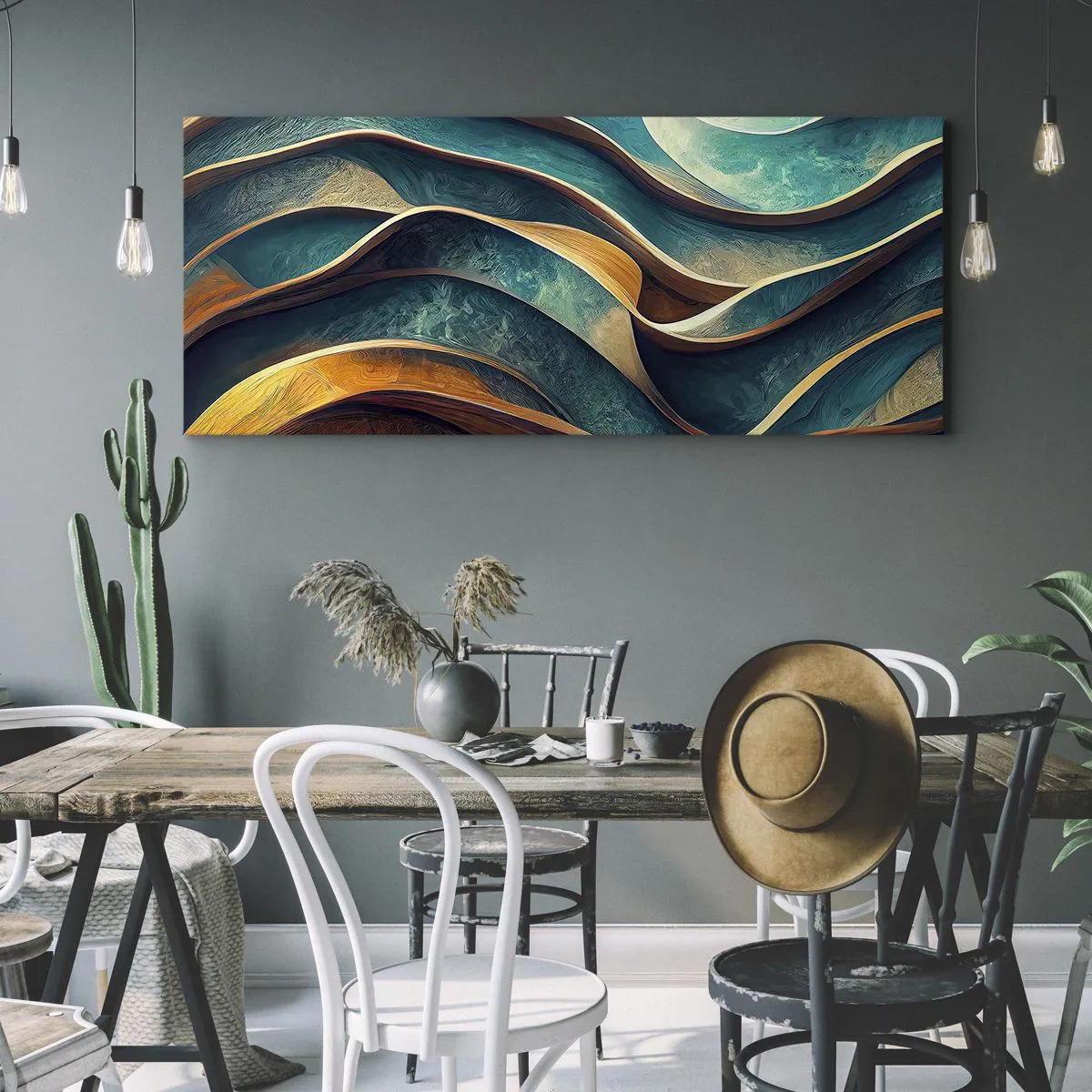 Impression sur toile - Image sur toile - Vagues abstraites dans des tons turquoise et or - 140x50cm - Méandres de bleu - Décoration murale moderne pour le salon et la chambre ARTTOR