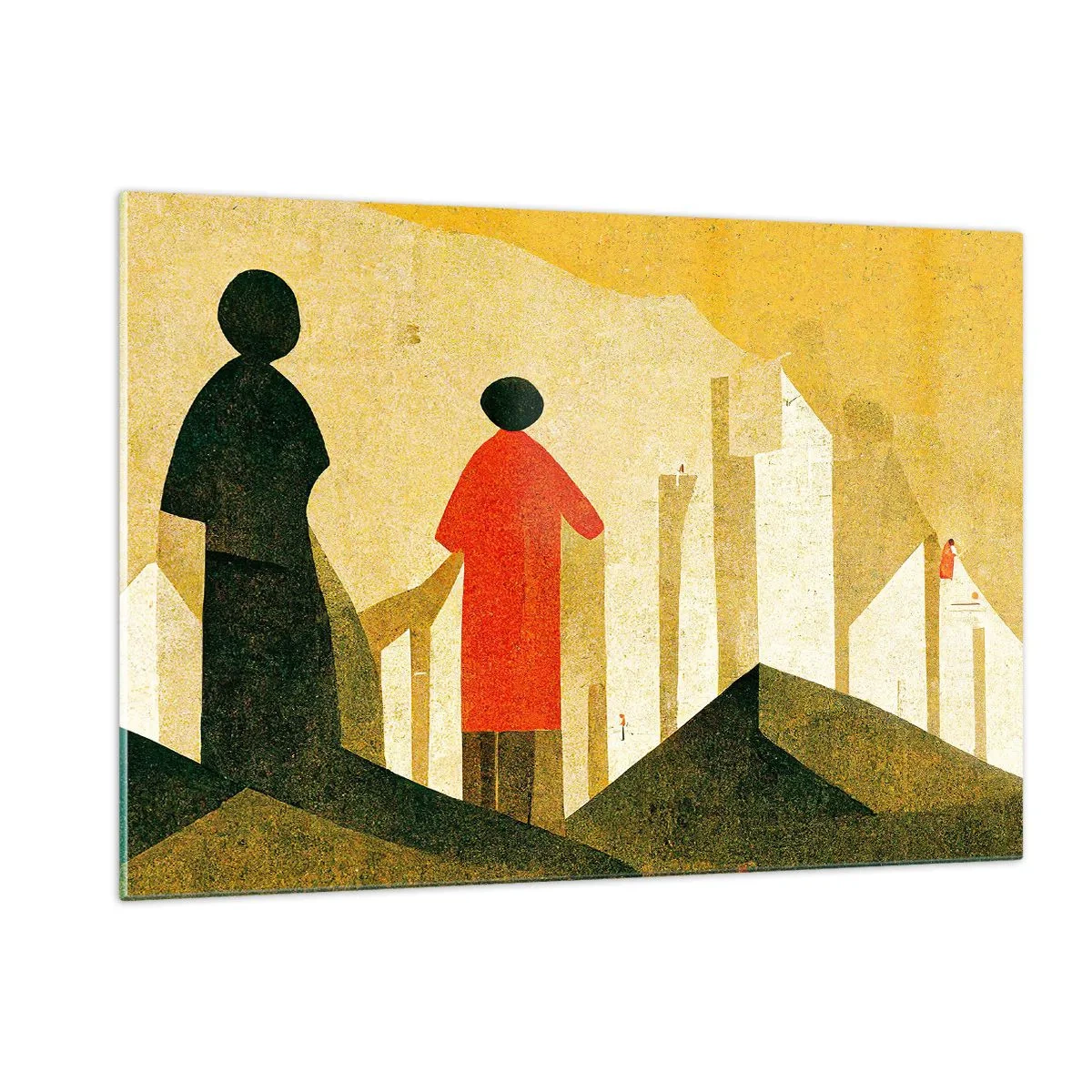 Impression sur verre - Image sur verre - Silhouettes géométriques de personnages parmi de hautes formes sur fond de ciel jaune - 120x80cm - La route est encore longue - Décoration murale moderne pour le salon et la chambre ARTTOR