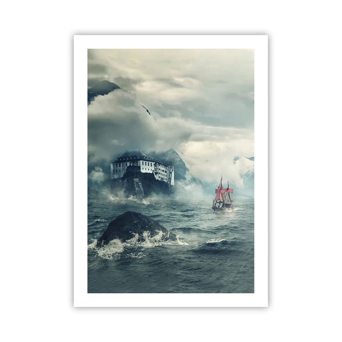 Affiche - Poster - Un navire sur une mer agitée près d'un château dans le brouillard - 50x70cm - Dans l'eau magique - Décoration murale moderne pour le salon et la chambre ARTTOR