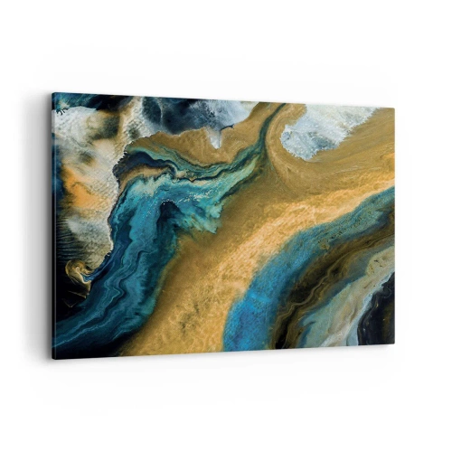 Impression sur toile - Image sur toile - Vagues abstraites dans des tons d'or et de bleu - 100x70cm - Bleu - jaune - influences mutuelles - Décoration murale moderne pour le salon et la chambre ARTTOR