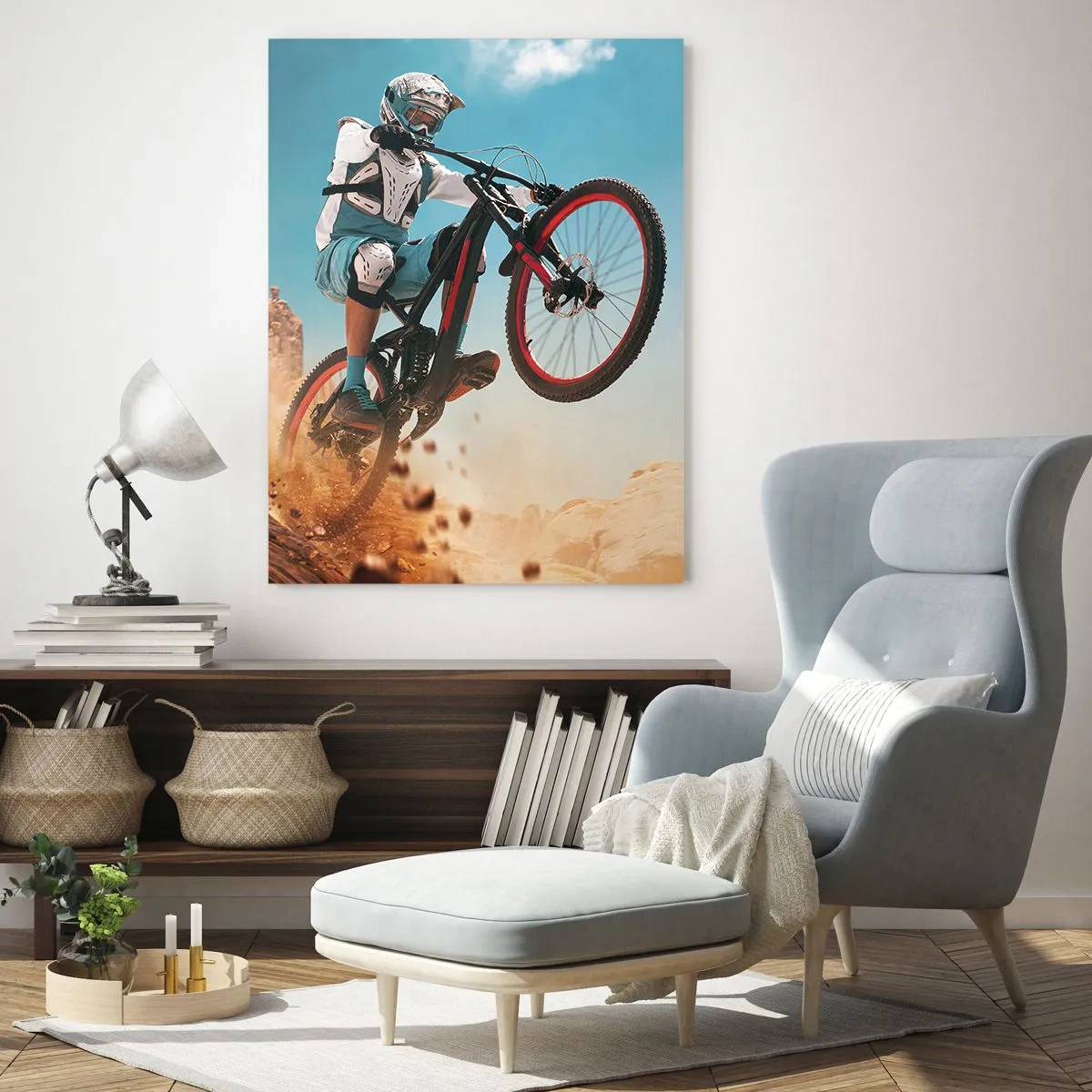 Impression sur verre - Image sur verre - Un vététiste effectue un saut sur fond de rochers - 70x100cm - Démon de la folie du vélo - Décoration murale moderne pour le salon et la chambre ARTTOR