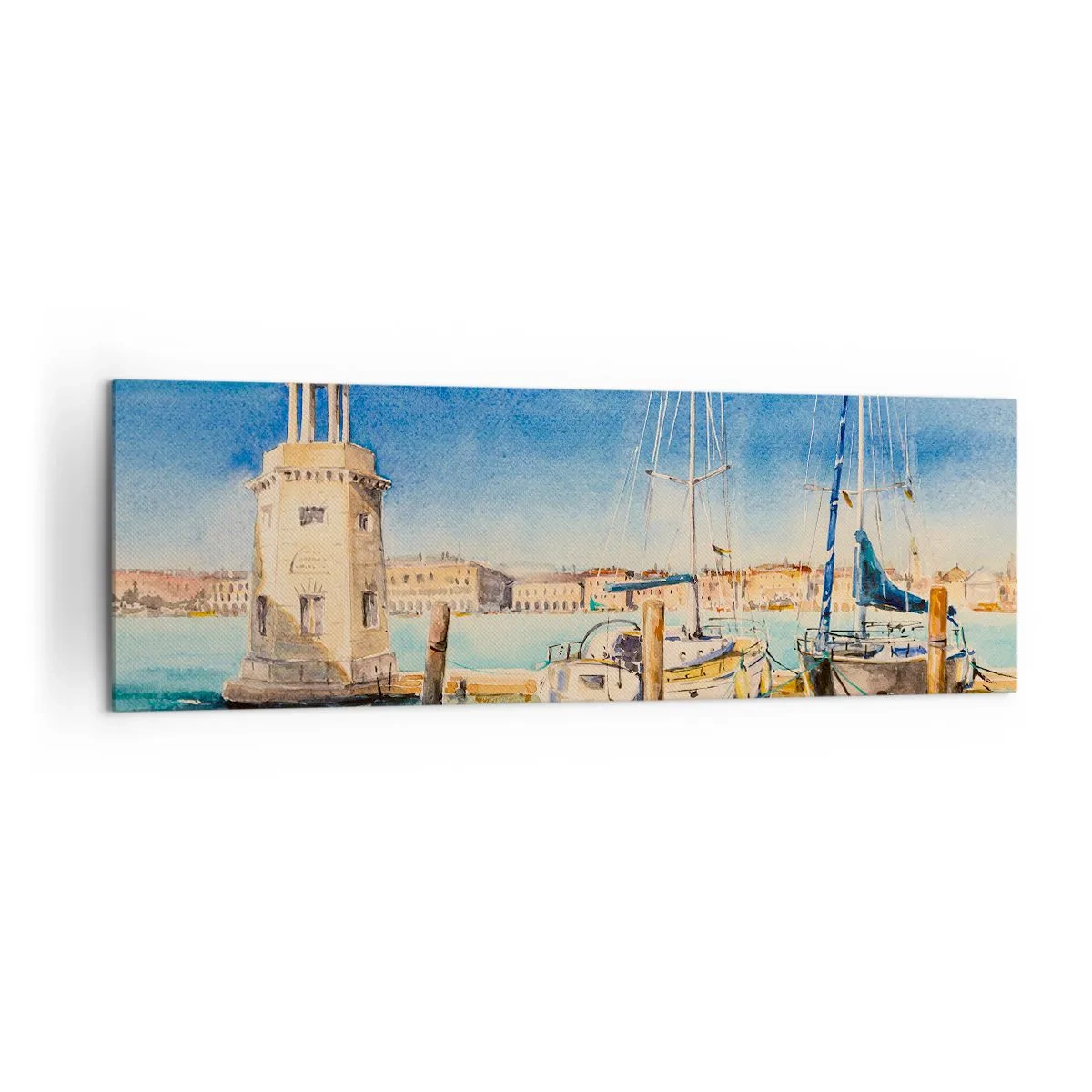 Impression sur toile - Image sur toile - Marina avec bateaux sur fond de lagon bleu - 160x50cm - Lagune ensoleillée - Décoration murale moderne pour le salon et la chambre ARTTOR