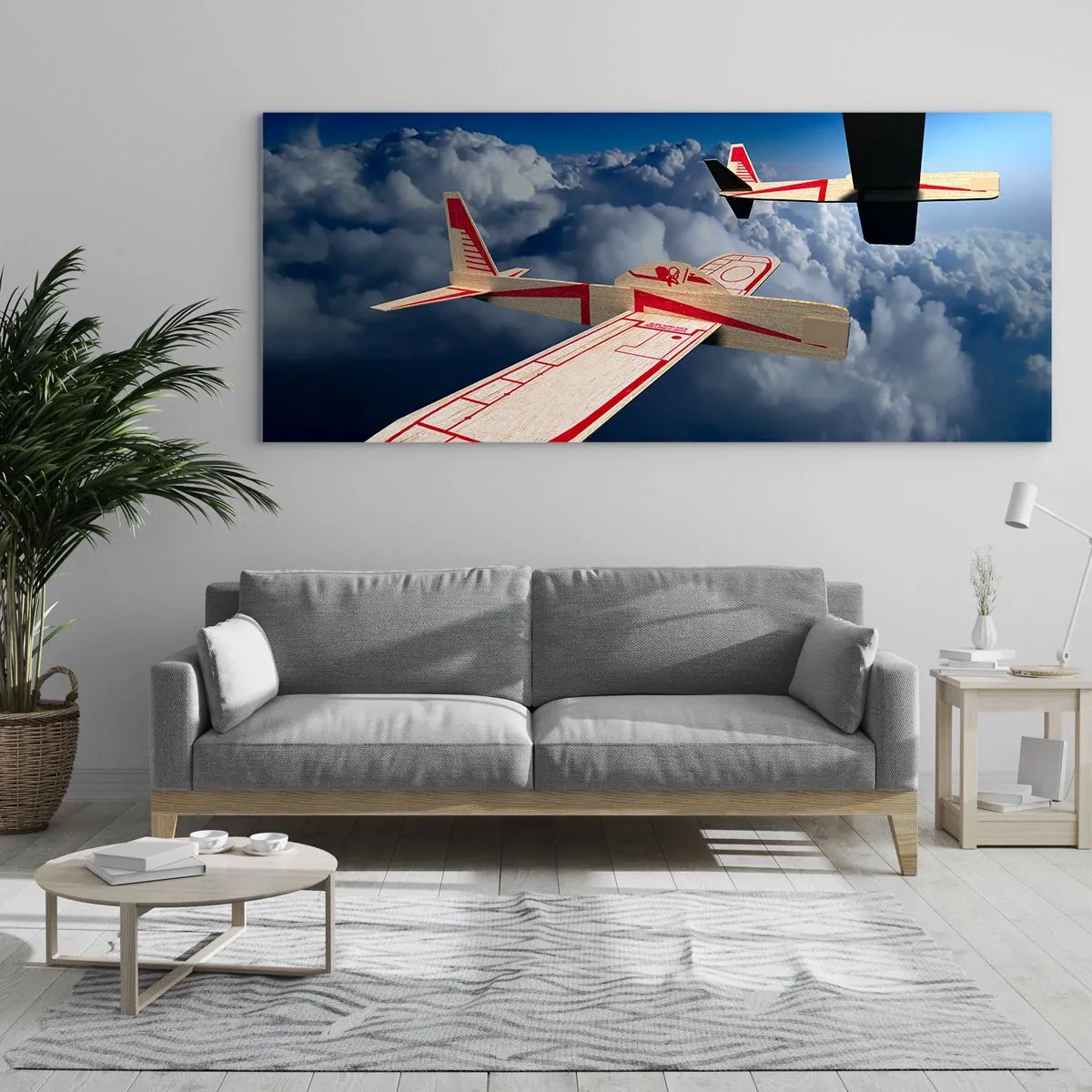 Impression sur verre - Image sur verre - Deux avions en bois planant au-dessus des nuages contre un ciel bleu. - 160x50cm - Encore plus haut, encore plus loin - Décoration murale moderne pour le salon et la chambre ARTTOR