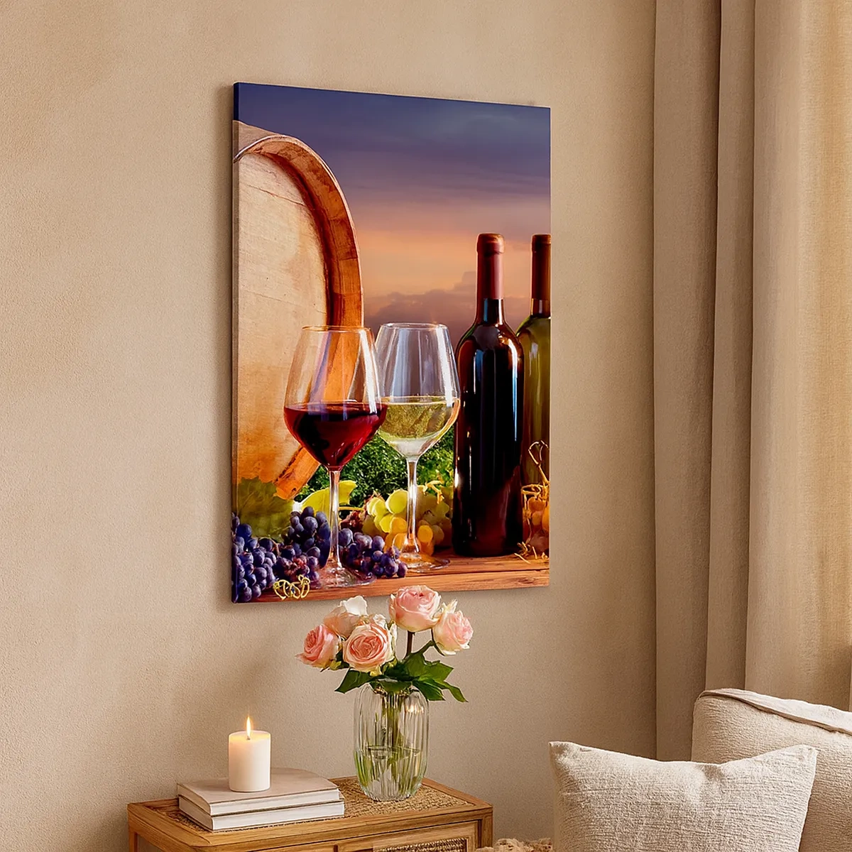 Impression sur toile - Image sur toile - Du vin, des verres et un tonneau dans un paysage pittoresque - 50x70cm - Ici la vie a du goût - Décoration murale moderne pour le salon et la chambre ARTTOR