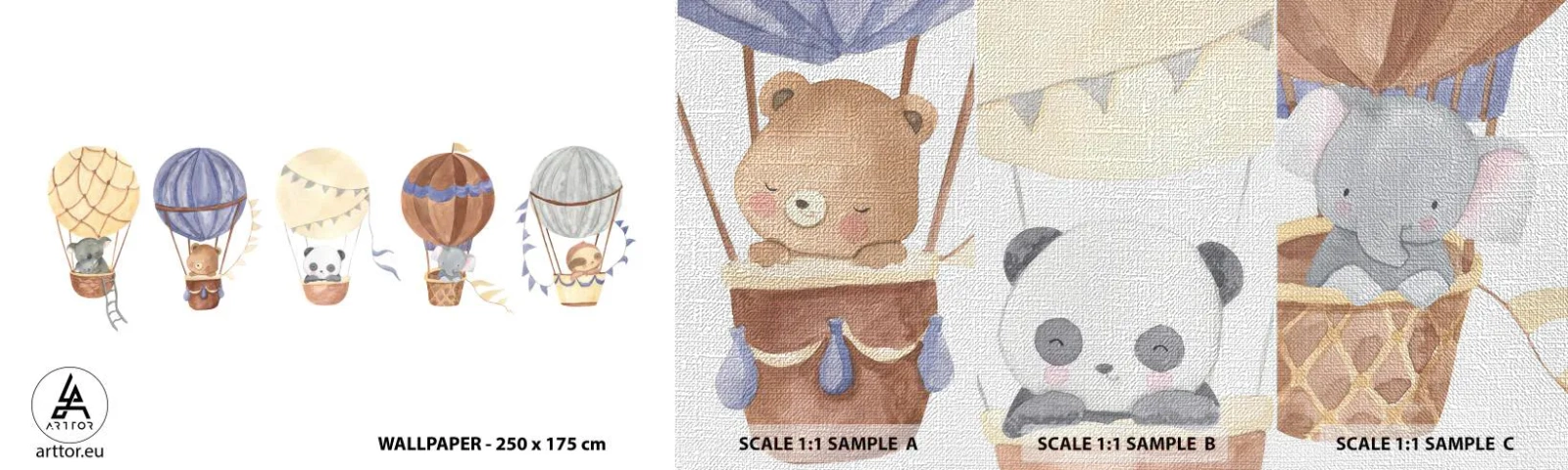 Échantillon de Papier Peint Premium Canvas - Compagnons de voyage - des ballons, Animaux, Enfants - 100x30 cm