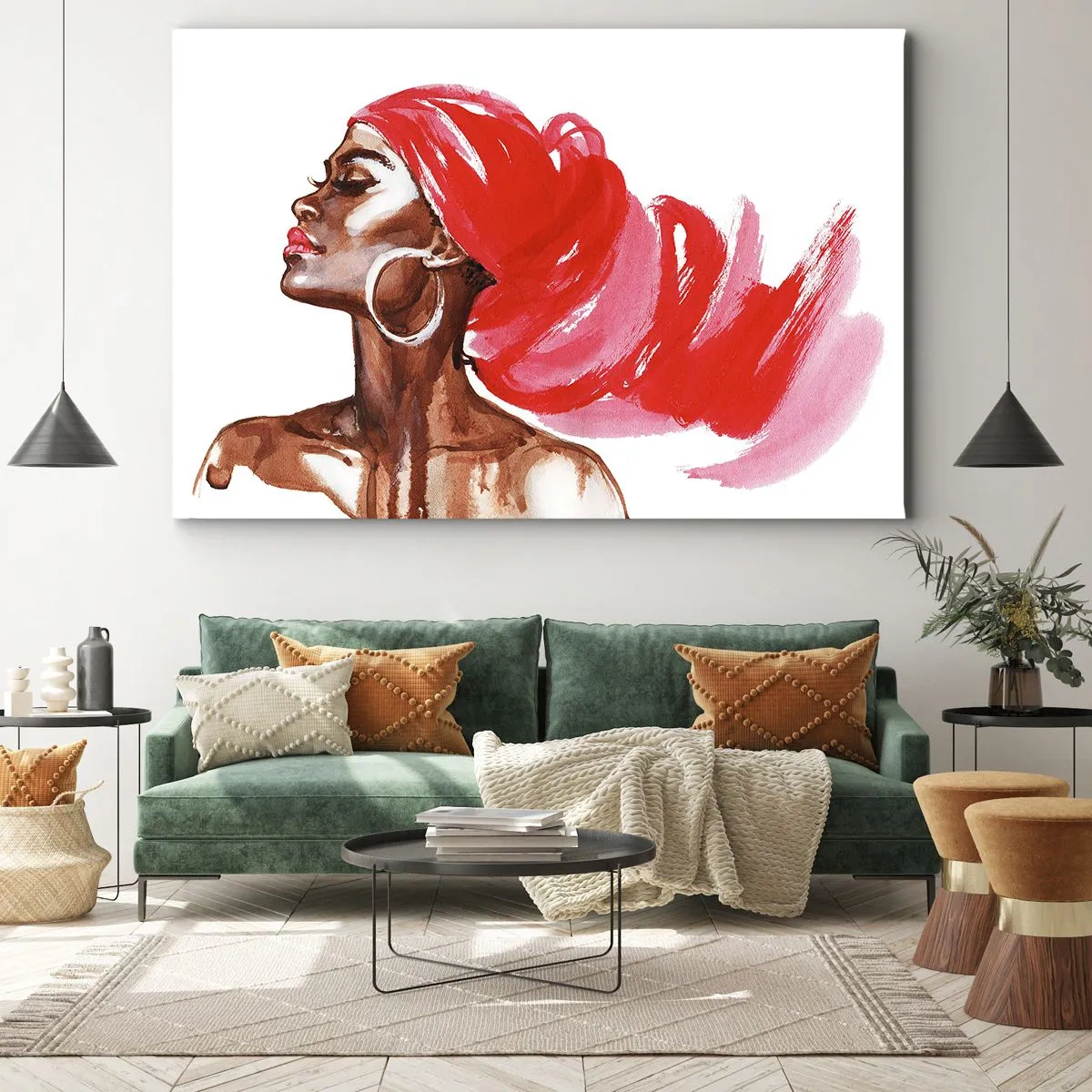 Impression sur toile - Image sur toile - Profil d'une femme avec un turban rouge et des boucles d'oreilles - 120x80cm - "Les cheveux dans le vent" - Décoration murale moderne pour le salon et la chambre ARTTOR