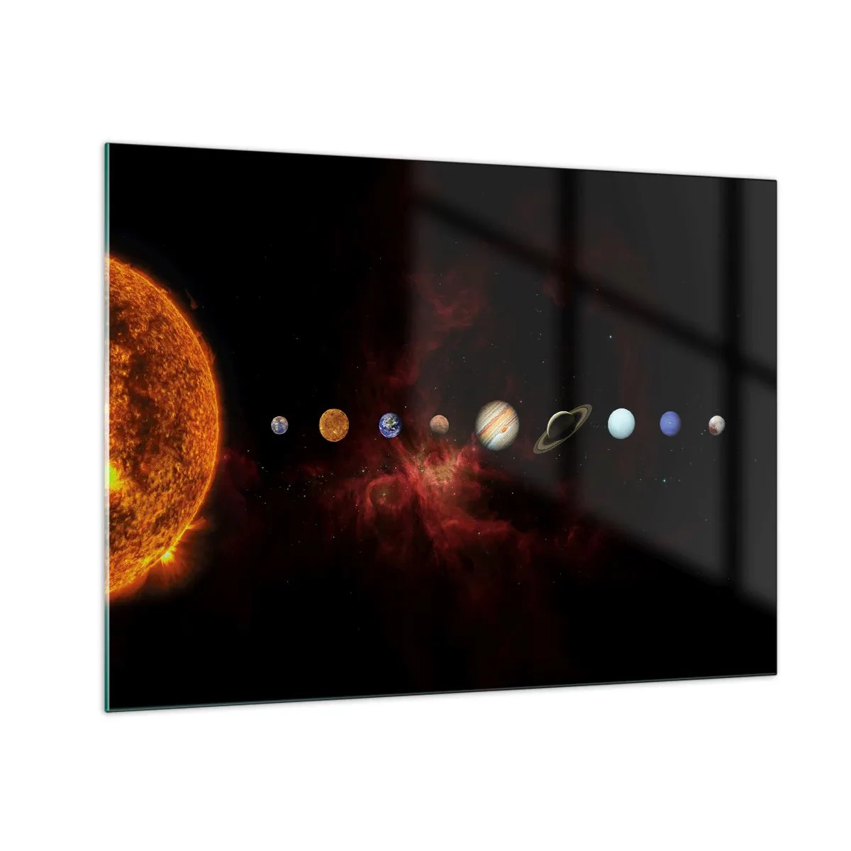 Impression sur verre - Image sur verre - Système planétaire avec le Soleil sur fond noir - 70x50cm - Notre quartier - Décoration murale moderne pour le salon et la chambre ARTTOR