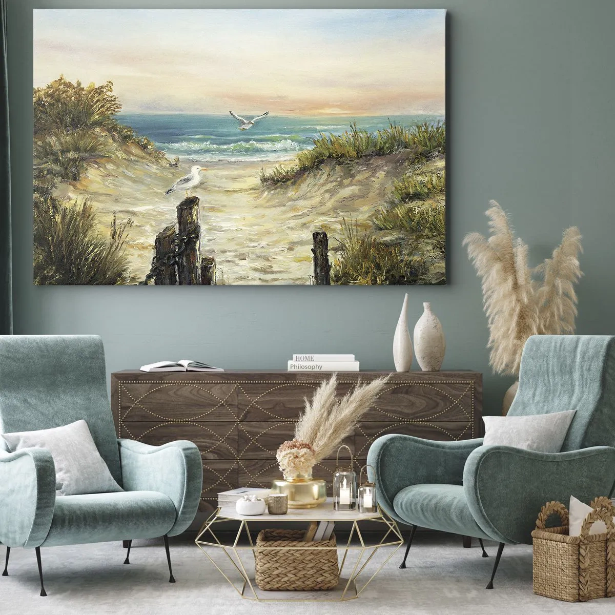 Impression sur toile - Image sur toile - Côte avec mouettes et dunes au coucher du soleil - 70x50cm - Retraite au calme - Décoration murale moderne pour le salon et la chambre ARTTOR