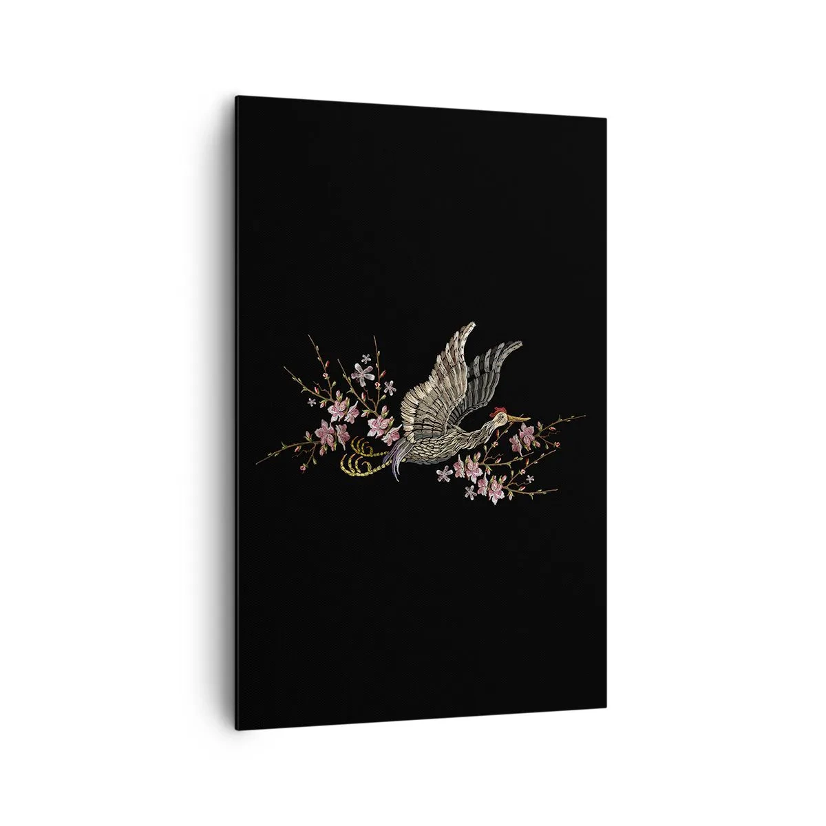 Impression sur toile - Image sur toile - Un oiseau en vol avec des fleurs sur fond noir - 80x120cm - Oiseau brodé exotique - Décoration murale moderne pour le salon et la chambre ARTTOR