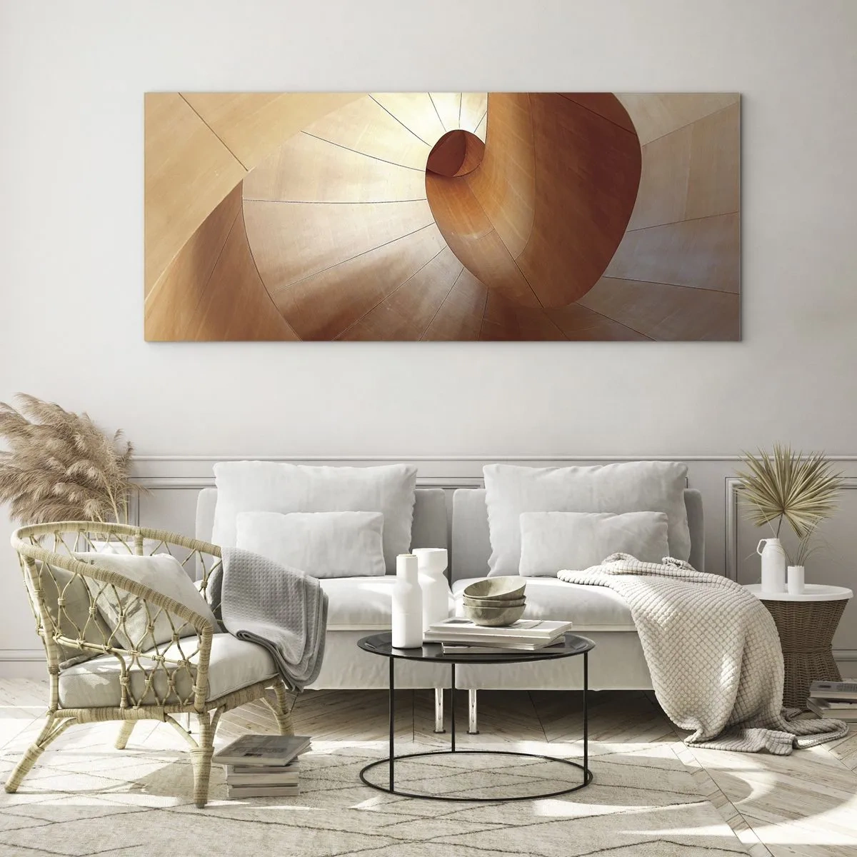 Impression sur verre - Image sur verre - Spirale abstraite dans les tons bois et marron clair - 140x50cm - Serpentin architectural - Décoration murale moderne pour le salon et la chambre ARTTOR
