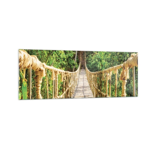 Impression sur verre - Image sur verre - Un pont suspendu dans une forêt tropicale pleine de verdure - 140x50cm - Suspendu dans la nature - Décoration murale moderne pour le salon et la chambre ARTTOR