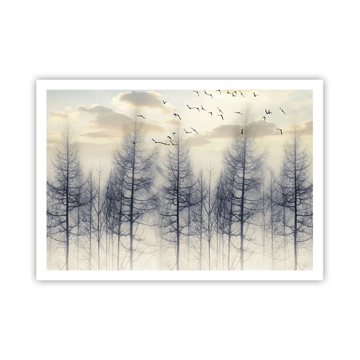 Affiche - Poster - Forêt brumeuse avec des oiseaux contre le ciel du coucher du soleil - 100x70cm - L'âme de la forêt - Décoration murale moderne pour le salon et la chambre ARTTOR