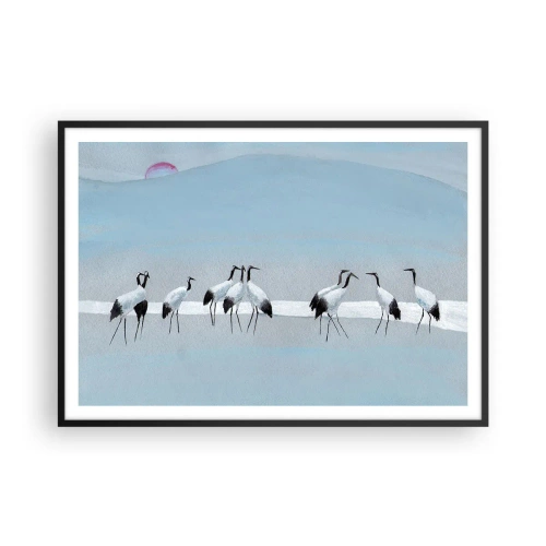 Affiche dans un cadre noir - Poster - Un groupe de grues contre un ciel bleu et le soleil levant - 100x70cm - Après une chaude journée - Décoration murale moderne pour le salon et la chambre ARTTOR