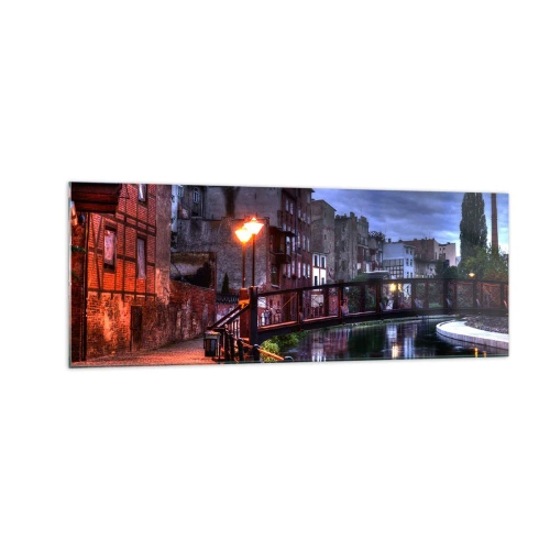 Impression sur verre - Image sur verre - Vue nocturne des immeubles d'habitation et du pont sur le canal - 140x50cm - Tu n'as pas connu ce Bydgoszcz - Décoration murale moderne pour le salon et la chambre ARTTOR