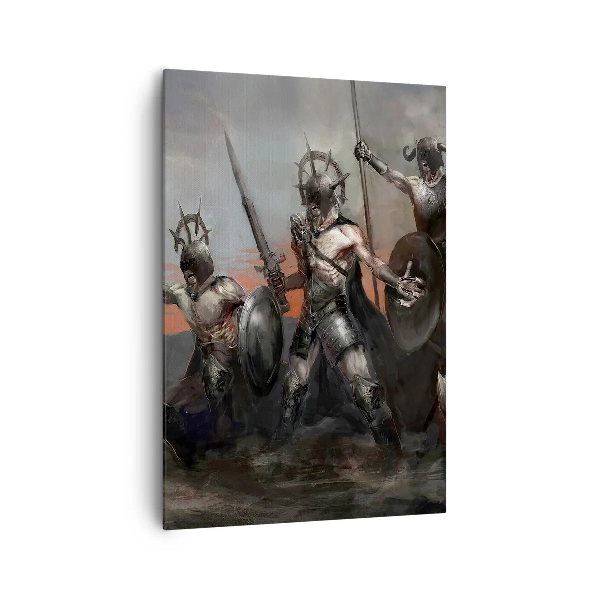 Impression sur toile - Image sur toile - Un groupe de guerriers en armure avec des lances sur fond de coucher de soleil - 70x100cm - Avec ou sur un bouclier - Décoration murale moderne pour le salon et la chambre ARTTOR