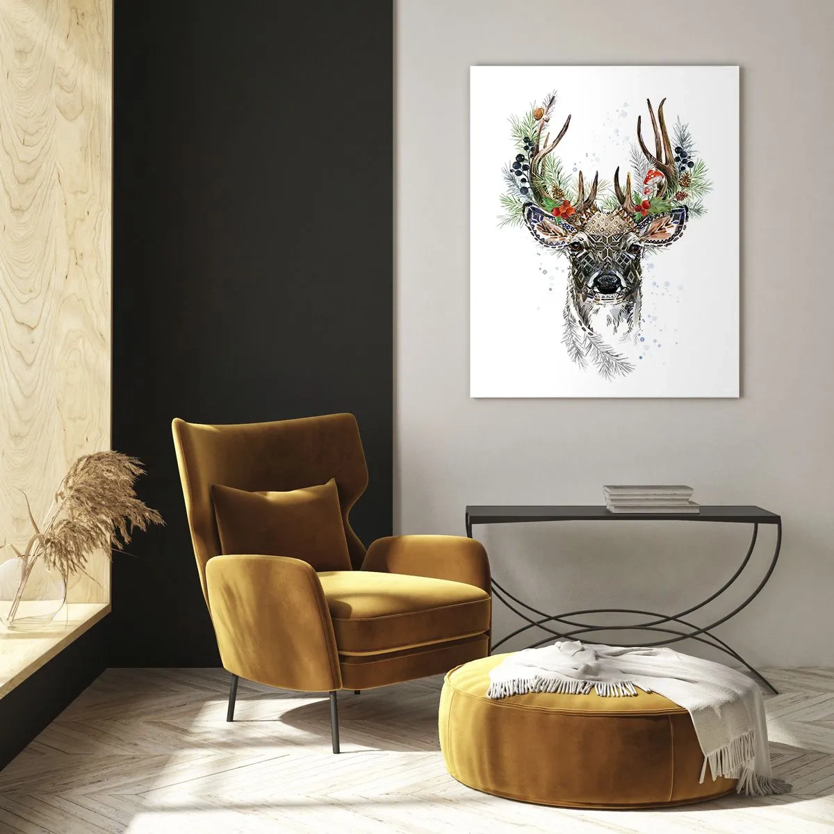 Impression sur verre - Image sur verre - Cerf stylisé avec des bois décoratifs sur fond blanc - 80x120cm - En robe de fête - Décoration murale moderne pour le salon et la chambre ARTTOR