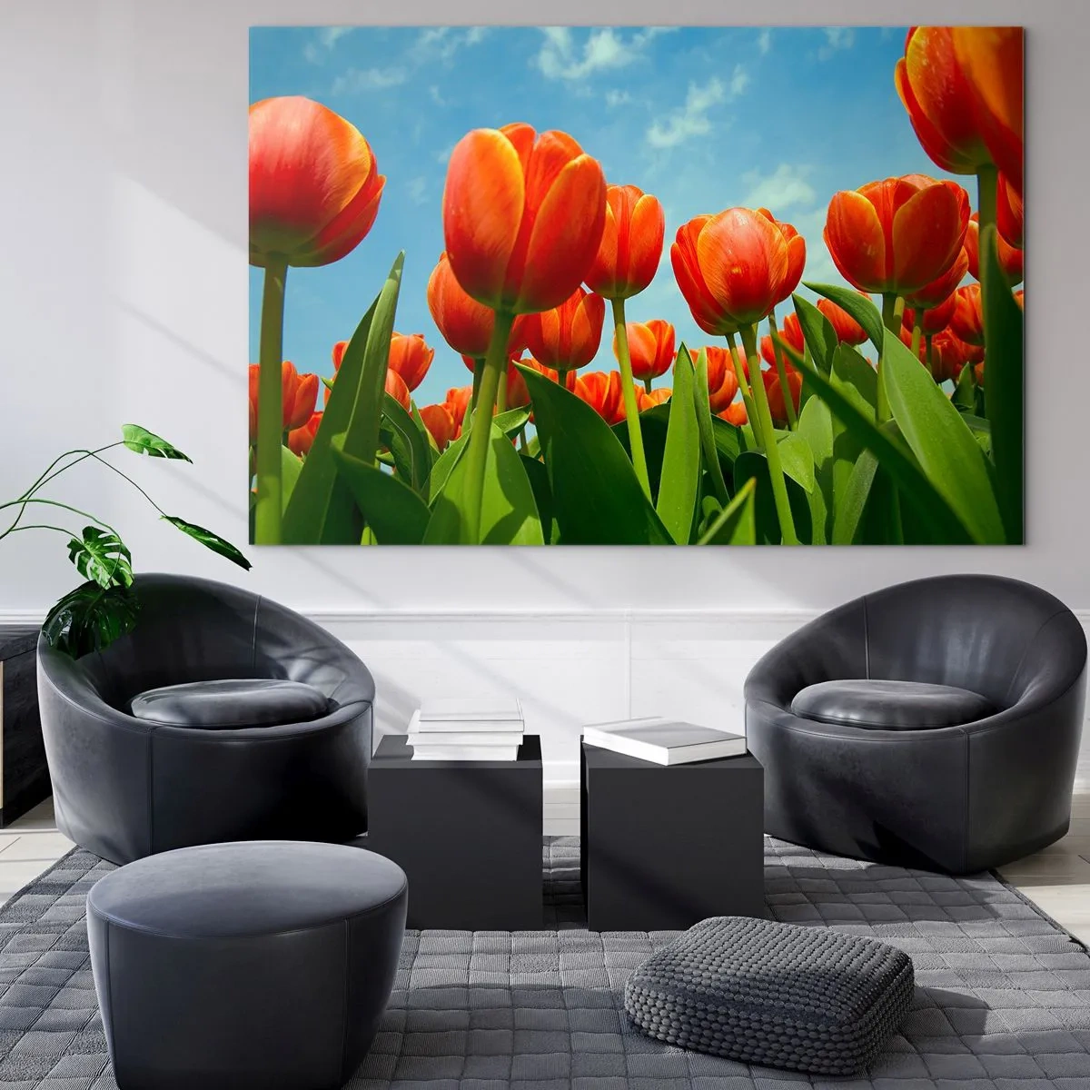 Impression sur verre - Image sur verre - Un champ de tulipes rouges sous un ciel bleu - 70x50cm - A part le ciel bleu, ils n'ont besoin de rien dans leur vie - Décoration murale moderne pour le salon et la chambre ARTTOR