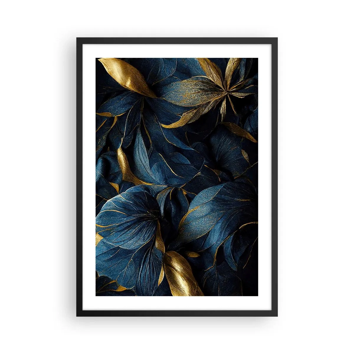 Affiche dans un cadre noir - Poster - Feuilles dorées sur un fond bleu marine profond - 50x70cm - Des dessous dorés - Décoration murale moderne pour le salon et la chambre ARTTOR