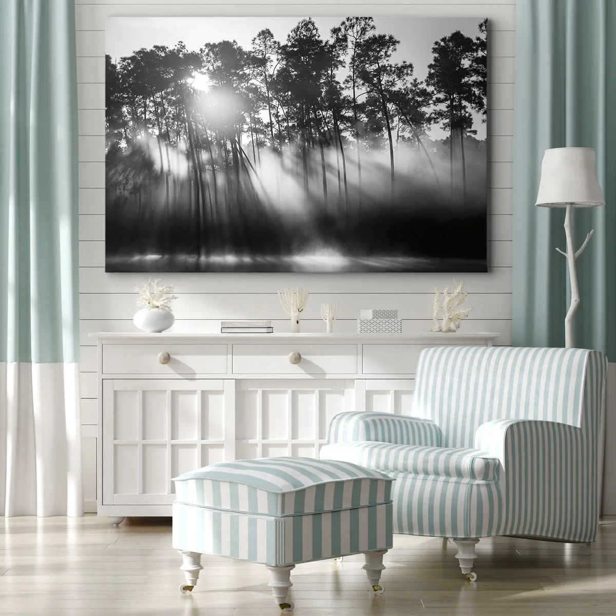 Impression sur toile - Image sur toile - Forêt noire et blanche dans le brouillard du matin - 120x80cm - Soleil inarrêtable - Décoration murale moderne pour le salon et la chambre ARTTOR