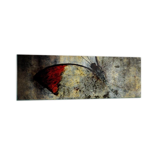 Impression sur verre - Image sur verre - Un papillon dans les tons de rouge et de gris sur un fond texturé - 160x50cm - Regarde avant que je disparaisse - Décoration murale moderne pour le salon et la chambre ARTTOR