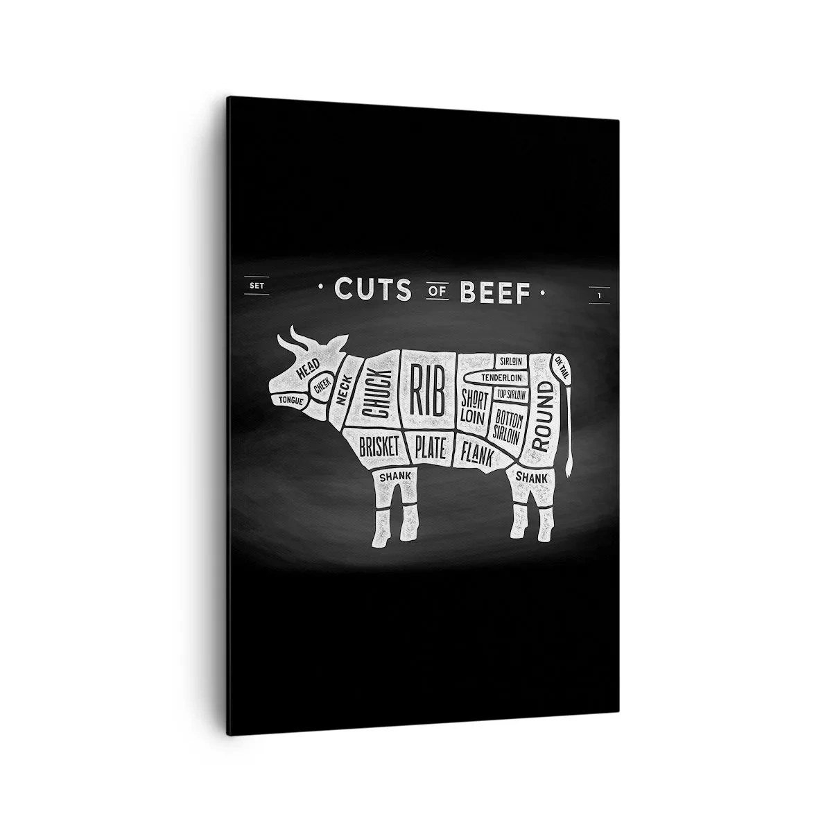 Impression sur toile - Image sur toile - Diagramme des coupes de bœuf sur fond noir - 70x100cm - L'art de la découpe - Décoration murale moderne pour le salon et la chambre ARTTOR