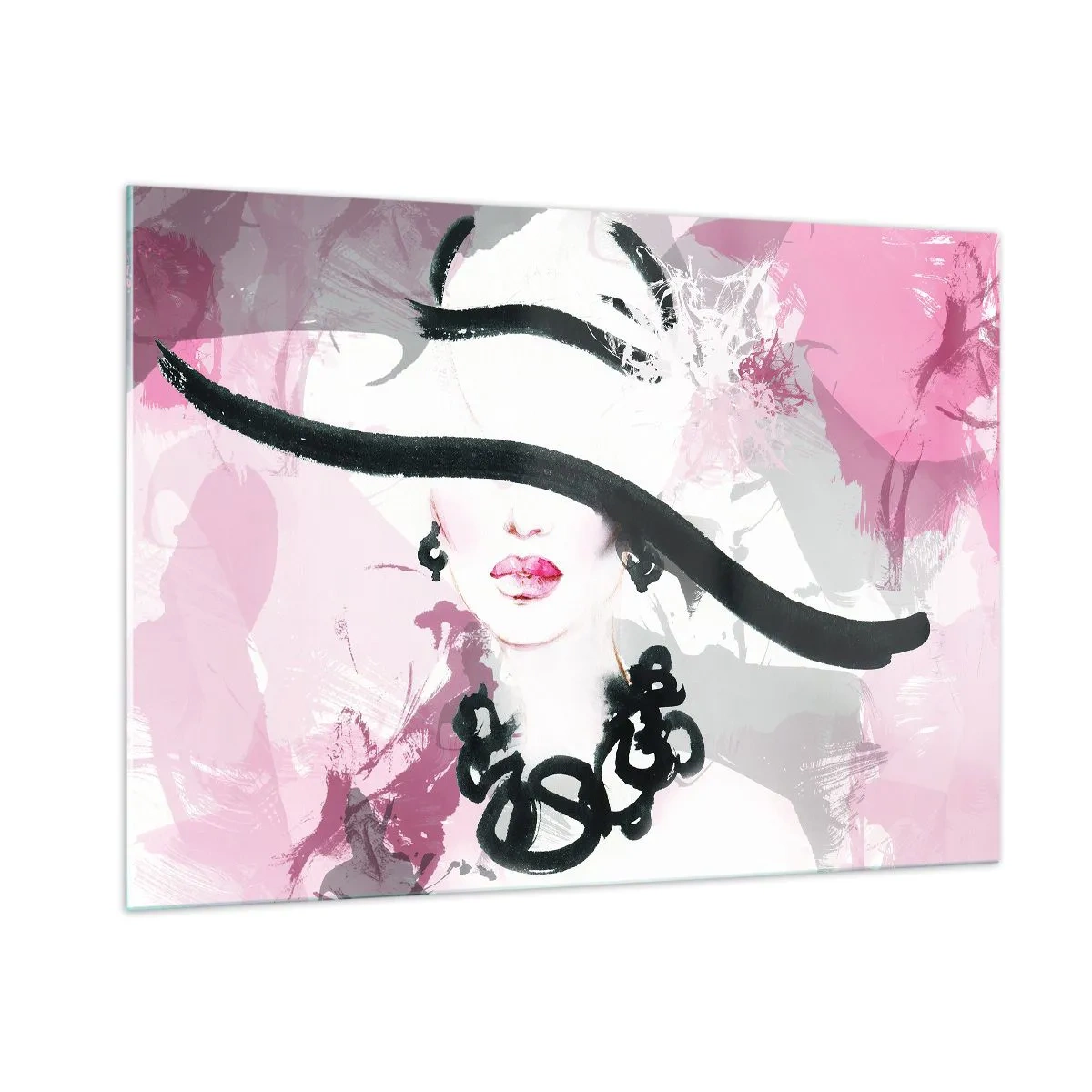 Impression sur verre - Image sur verre - Portrait d'une femme au chapeau noir sur fond rose - 100x70cm - Portrait d'une dame en noir et rose - Décoration murale moderne pour le salon et la chambre ARTTOR