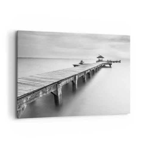 Impression sur toile - Image sur toile - Une vue en noir et blanc d'une jetée en bois sur une eau calme. - 120x80cm - À l'horizon - Décoration murale moderne pour le salon et la chambre ARTTOR